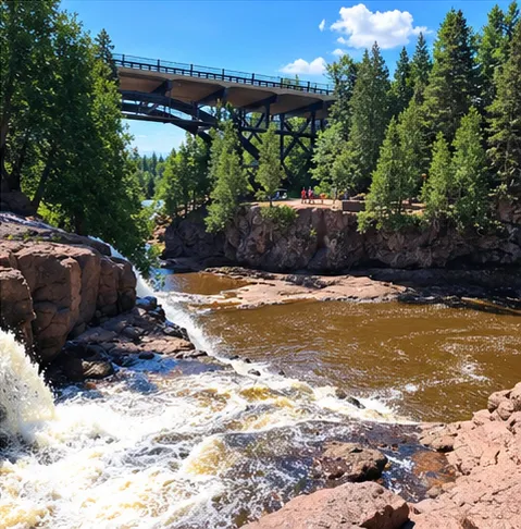 A waterfall pouring over dark rock beneath a highway bridge, with pine trees on the cliffs and brown river water below