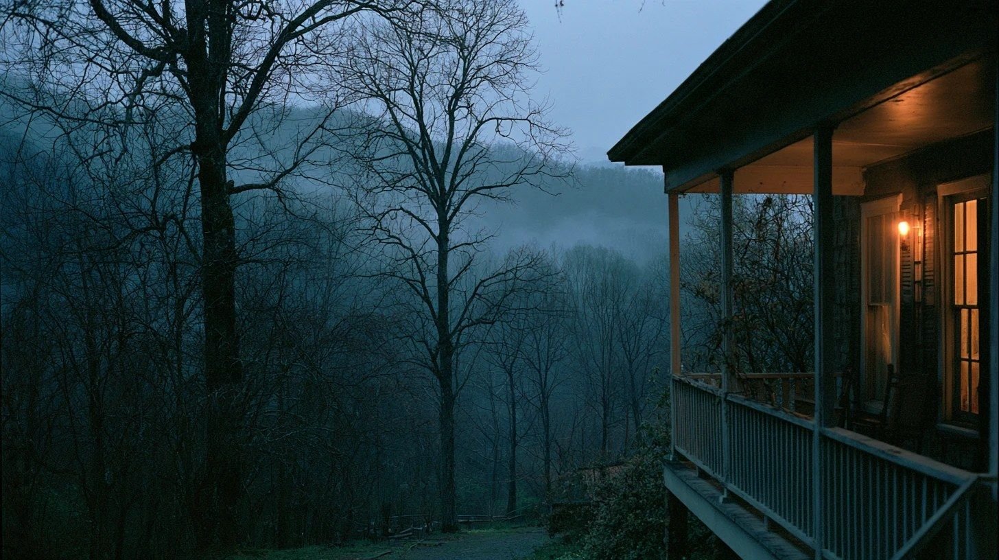 Illustration of a porch light glowing on a house at dusk, beside bare trees and fog in the hills