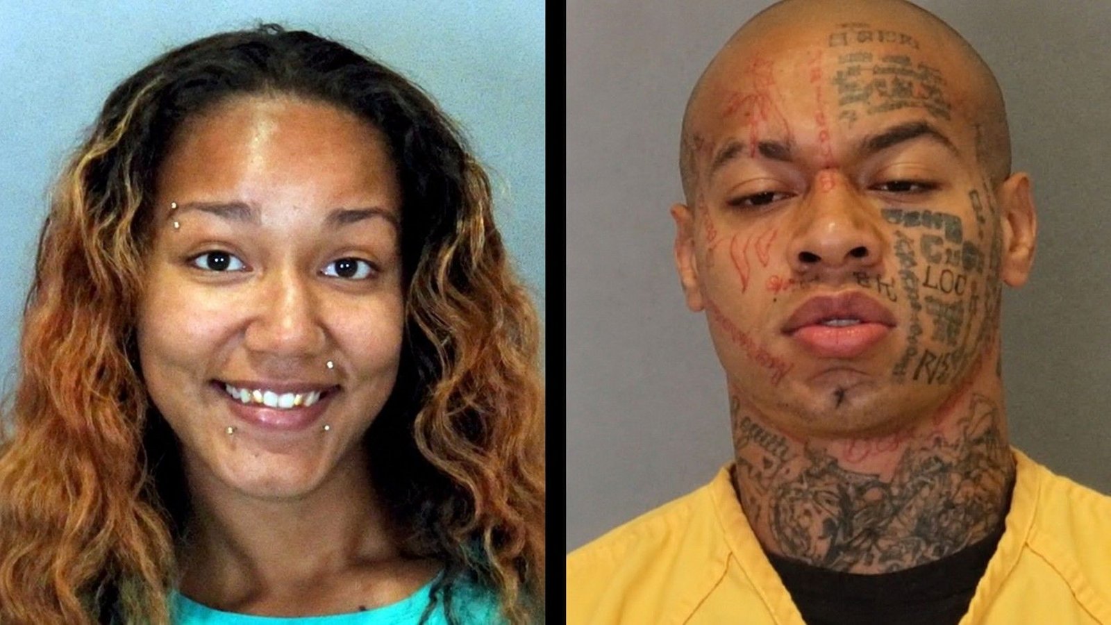 Booking photos of Erica Jenkins, smiling, and Nikko Jenkins, with tattoos covering his face and neck, side by side