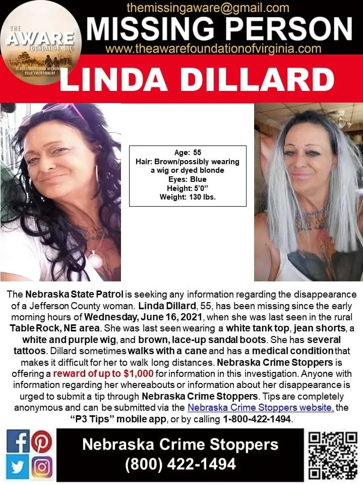A missing person flyer from the Aware Foundation headed Linda Dillard, with two photos of her, her description, the patrol’s July 2021 description of what she was wearing, and the Nebraska Crime Stoppers number