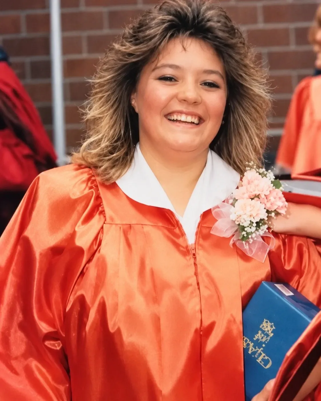 Mary K. Ross laughing in a graduation gown, with a corsage pinned to it